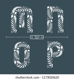 Vector graphic alphabet in a set M,N,O,P, with spring hand drawn style