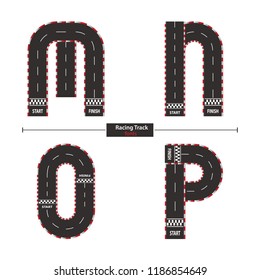 Vector graphic alphabet in a set M,N,O,P with racing track style