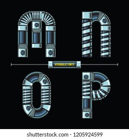 Vector graphic alphabet in a set M,N,O,P, with Hydraulic comic font style