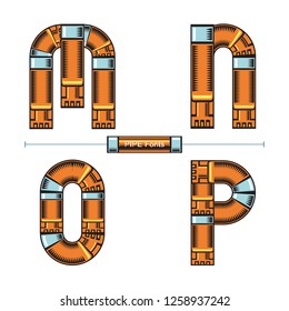 Vector graphic alphabet in a set MNOP, with Golden pipes comic font style