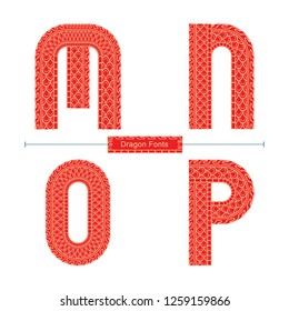Vector graphic alphabet in a set M,N,O,P, with Red Dragon texture font style