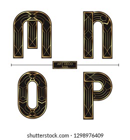 Vector graphic alphabet in a set M,N,O,P, with Art Deco golden color style