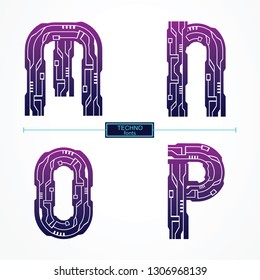 Vector graphic alphabet in a set M,N,O,P, with Technology line color style