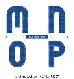 Vector graphic alphabet in a set M,N,O,P, with Abstract Blue Jeans Fabric fonts. Typography design for posters, logos, cover, etc.