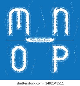 Vector graphic alphabet in a set M,N,O,P, with Abstract Water Bubbles fonts on blue background. Typography design for posters, logos, cover, etc.