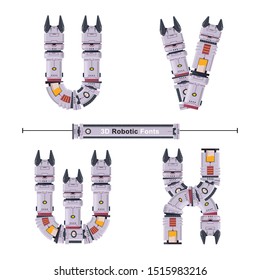 Vector graphic alphabet in a set M,N,O,P, with Abstract 3D Robot Font. Typography design for posters, logos, cover, etc.