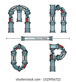 Vector graphic alphabet in a set M,N,O,P, with Abstract Cartoon Robot Font. Typography design for posters, logos, cover, etc.