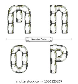 Vector graphic alphabet in a set M,N,O,P, with Abstract Futuristic Machine Font. Typography design for posters, logos, cover, etc.