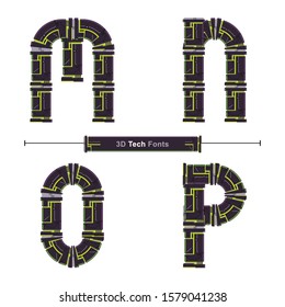 Vector graphic alphabet in a set M,N,O,P, with Abstract Green Tech Font. Typography design for posters, logos, cover, etc.