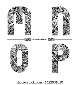 Vector graphic alphabet in a set M,N,O,P, with Polynesian Tattoo ethnic tribal font style