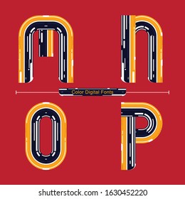 Vector graphic alphabet in a set M,N,O,P, with Color Digital font style