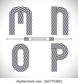 Vector graphic alphabet in a set M,N,O,P, with Steel Grate  font style