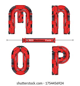 Vector graphic alphabet in a set M,N,O,P, with Abstract Red Machinery Font. Typography design for posters, logos, cover, etc.