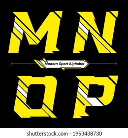 Vector graphic alphabet in a set M,N,O,P with Abstract Yellow and White Modern Sport font style