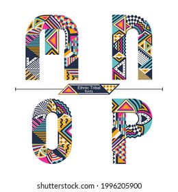 Vector graphic alphabet in a set M,N,O,P, with Ethnic tribal color style