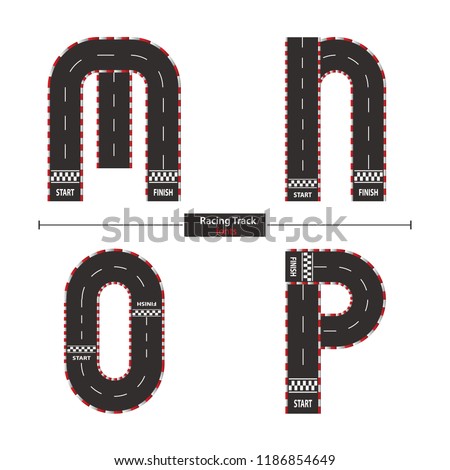 Vector graphic alphabet in a set M,N,O,P with racing track style