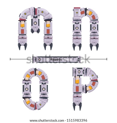 Vector graphic alphabet in a set M,N,O,P, with Abstract 3D Robot Font. Typography design for posters, logos, cover, etc.