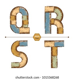 Vector graphic alphabet in a set Q, R, S, T, with color wood vintage style