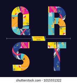 Vector graphic alphabet in a set Q,R,S,T, with colorful geometric style