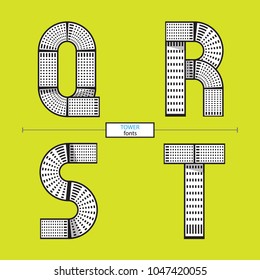 Vector graphic alphabet in a set Q,R,S,T, with tower line design style