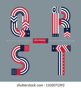 Vector graphic alphabet in a set Q,R,S,T with USA flag abstract style