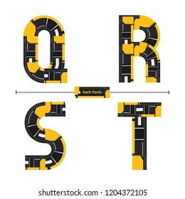 Vector graphic alphabet in a set Q,R,S,T, with Modern Tech Yellow color style