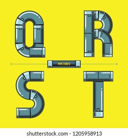 Vector graphic alphabet in a set Q,R,S,T, with Metal pipes comic font style