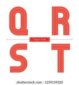 Vector graphic alphabet in a set Q,R,S,T, with Red Dragon texture font style