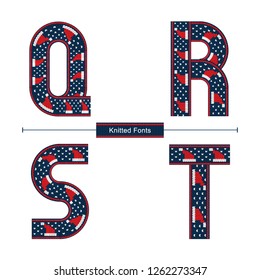 Vector graphic alphabet in a set Q,R,S,T with Knitted christmas norwegian font style