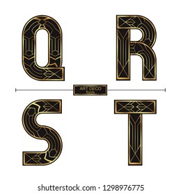 Vector graphic alphabet in a set Q,R,S,T, with Art Deco golden color style