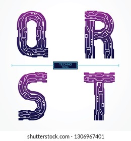 Vector graphic alphabet in a set Q,R,S,T, with Technology line color style