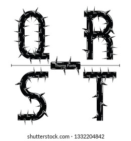 Vector graphic alphabet in a set Q,R,S,T, with Abstract thorns font style