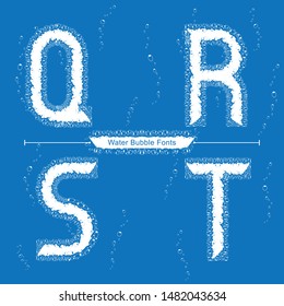 Vector graphic alphabet in a set Q,R,S,T, with Abstract Water Bubbles fonts on blue background. Typography design for posters, logos, cover, etc.