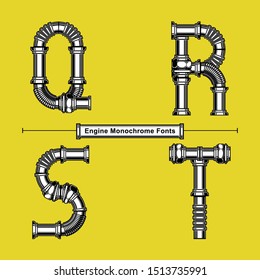 Vector graphic alphabet in a set Q,R,S,T, with Abstract Engine monochrome. Typography design for posters, logos, cover, etc.