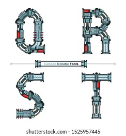 Vector graphic alphabet in a set Q,R,S,T, with Abstract Cartoon Robot Font. Typography design for posters, logos, cover, etc.