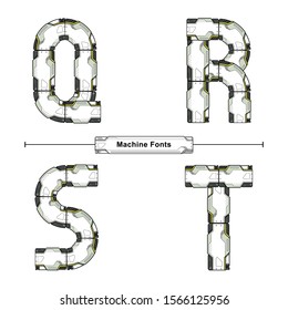 Vector graphic alphabet in a set Q,R,S,T, with Abstract Futuristic Machine Font. Typography design for posters, logos, cover, etc.