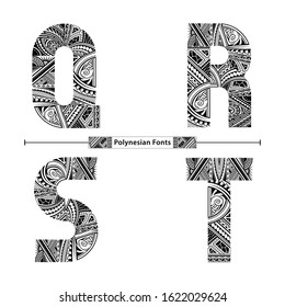 Vector graphic alphabet in a set Q,R,S,T, with Polynesian Tattoo ethnic tribal font style