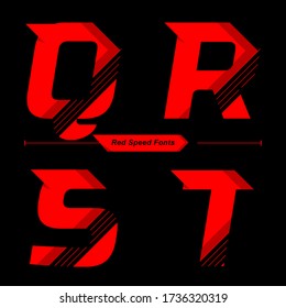 Vector graphic alphabet in a set Q,R,S,T, with Abstract Red Speed font style
