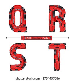Vektorgrafik-Alphabet in einem Satz Q,R,S,T, mit abstrakter Rot-Maschinen-Schriftart. Typografie-Design für Poster, Logos, Deckel usw.