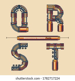 Vector graphic alphabet in a set Q,R,S,T, with Abstract Vintage machine color Font. Typography design for posters, logos, cover, etc.