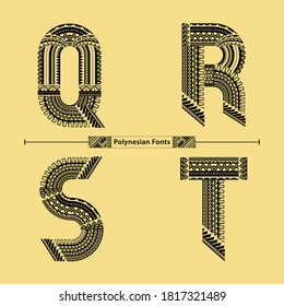 Vector graphic alphabet in a set Q,R,S,T with Polynesian Tattoo ethnic tribal font style