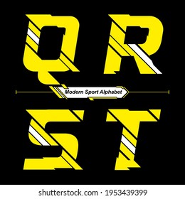 Vector graphic alphabet in a set Q,R,S,T with Abstract Yellow and White Modern Sport font style