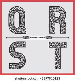 Vector graphic alphabet in a set Q,R,S,T, with Polynesian Tattoo ethnic tribal font style