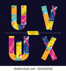 Vector graphic alphabet in a set U,V,W,X, with colorful geometric style