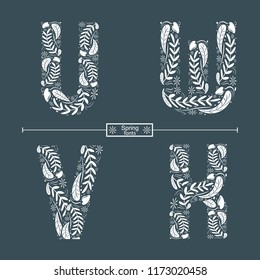 Vector graphic alphabet in a set U,V,W,X, with spring hand drawn style
