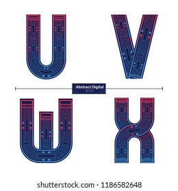 Vector graphic alphabet in a set U,V,W,X, with digital color style