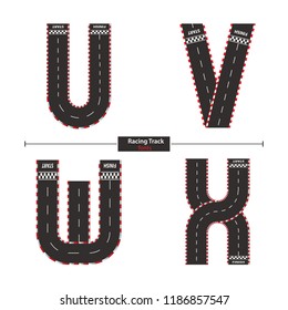 Vector graphic alphabet in a set U,V,W,X with racing track style