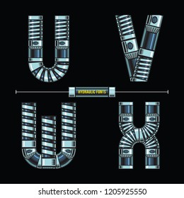Vector graphic alphabet in a set U,V,W,X, with Hydraulic comic font style