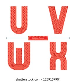 Vector graphic alphabet in a set U,V,W,X, with Red Dragon texture font style