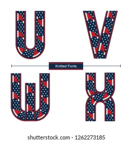 Vector graphic alphabet in a set U,V,W,X with Knitted christmas norwegian font style